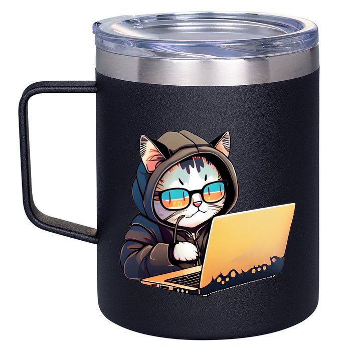 Hacker Chibi Cute Cat 12oz Stainless Steel Coffee Mug