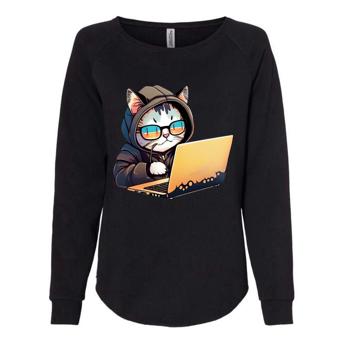 Hacker Chibi Cute Cat Womens California Wash Sweatshirt