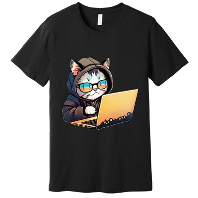 Hacker Chibi Cute Cat Premium T-Shirt