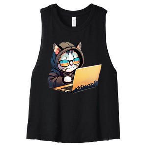 Hacker Chibi Cute Cat Women's Racerback Cropped Tank