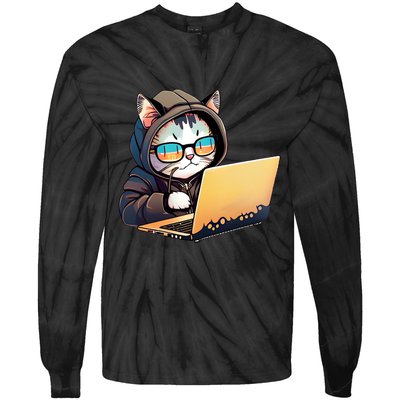 Hacker Chibi Cute Cat Tie-Dye Long Sleeve Shirt