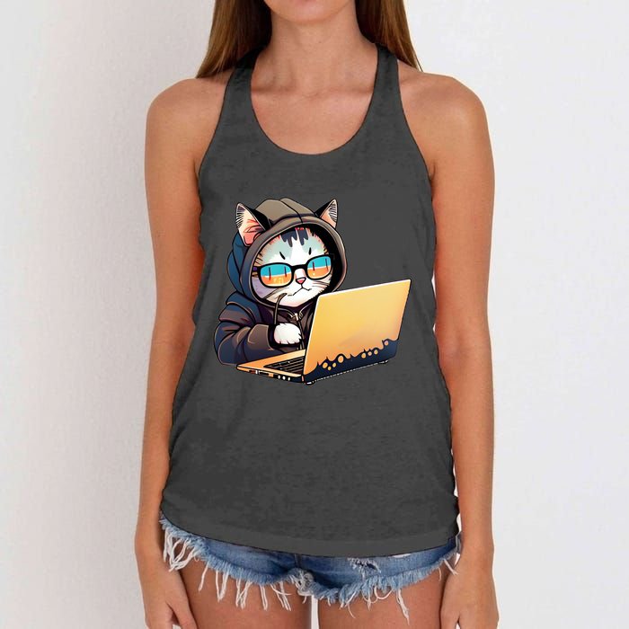 Hacker Chibi Cute Cat Women's Knotted Racerback Tank