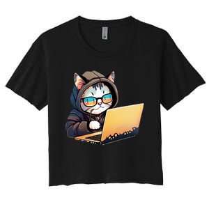 Hacker Chibi Cute Cat Women's Crop Top Tee