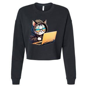 Hacker Chibi Cute Cat Cropped Pullover Crew