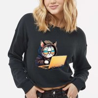 Hacker Chibi Cute Cat Cropped Pullover Crew