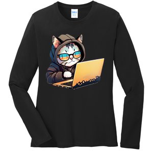 Hacker Chibi Cute Cat Ladies Long Sleeve Shirt