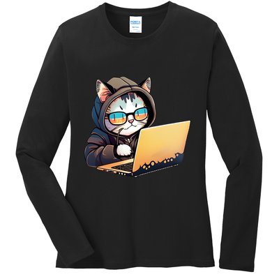 Hacker Chibi Cute Cat Ladies Long Sleeve Shirt