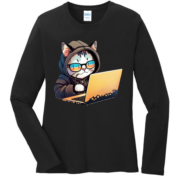 Hacker Chibi Cute Cat Ladies Long Sleeve Shirt