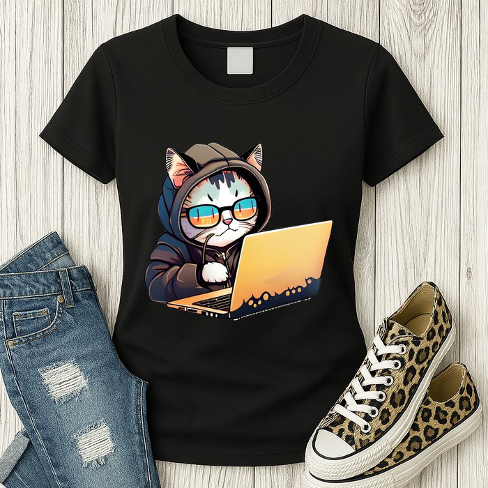 Hacker Chibi Cute Cat Womens T-Shirt