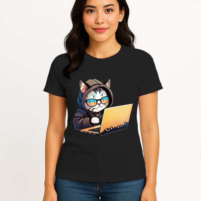 Hacker Chibi Cute Cat Womens T-Shirt