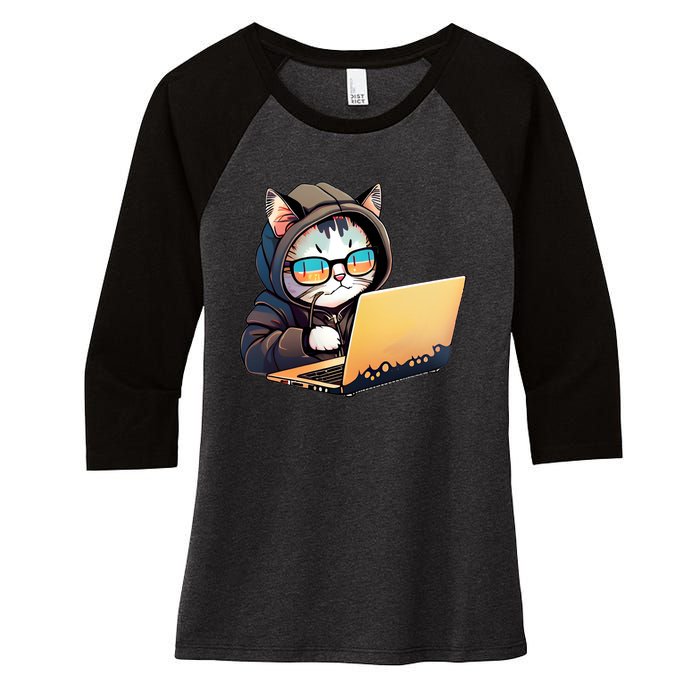 Hacker Chibi Cute Cat Women's Tri-Blend 3/4-Sleeve Raglan Shirt