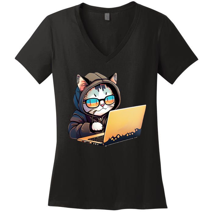 Hacker Chibi Cute Cat Women's V-Neck T-Shirt