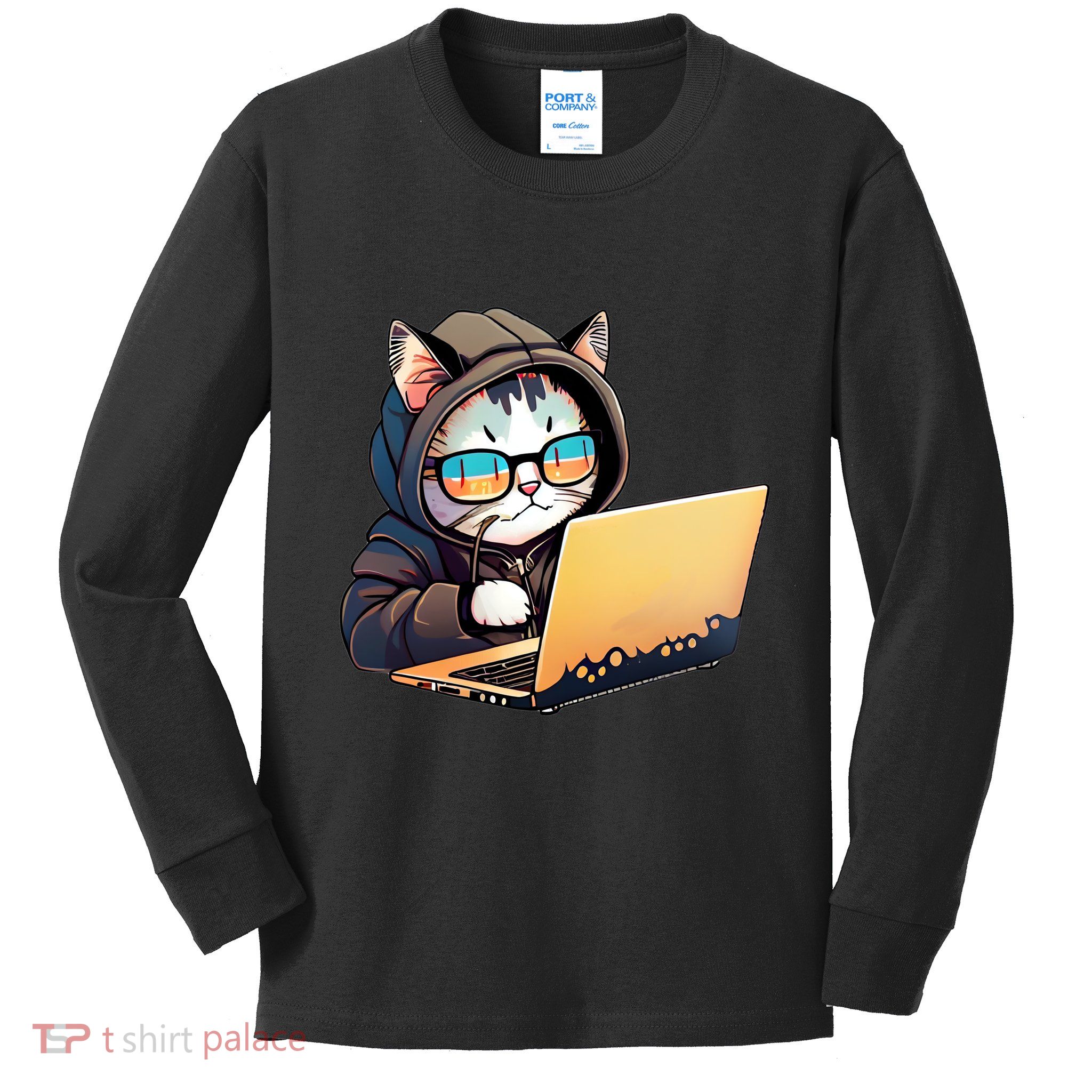 Hacker Chibi Cute Cat Kids Long Sleeve Shirt