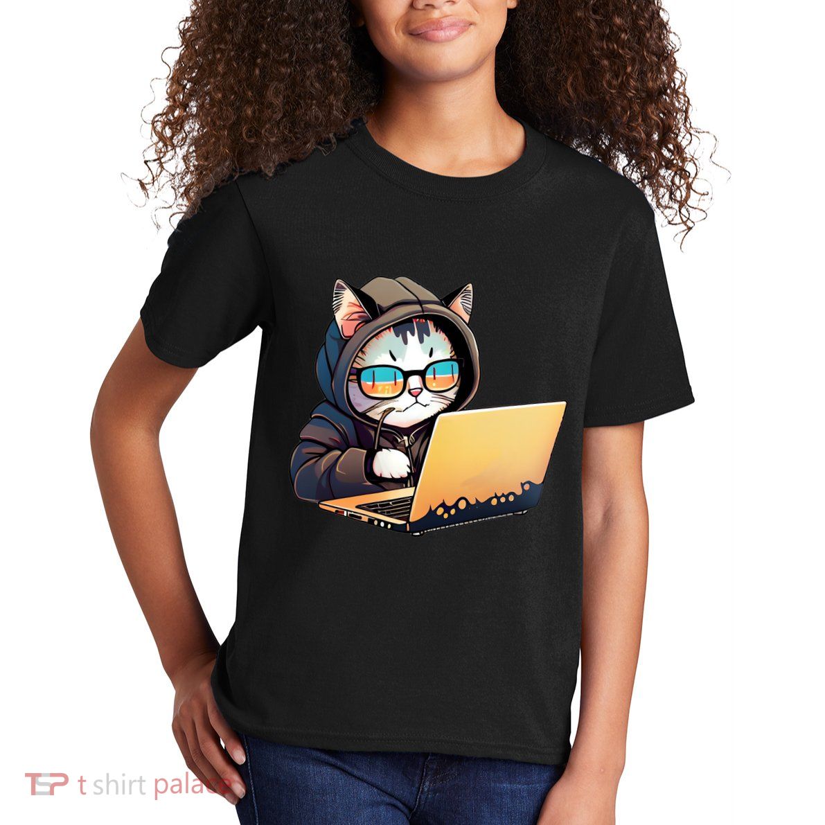 Hacker Chibi Cute Cat Kids T-Shirt