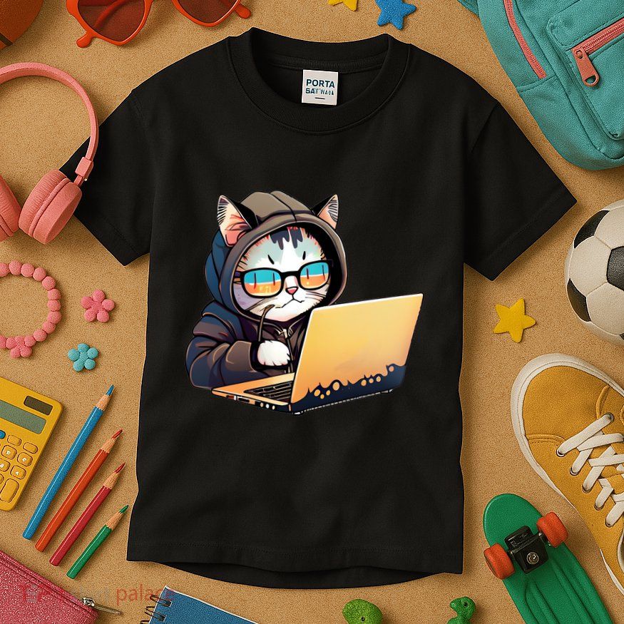 Hacker Chibi Cute Cat Kids T-Shirt