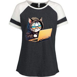 Hacker Chibi Cute Cat Enza Ladies Jersey Colorblock Tee