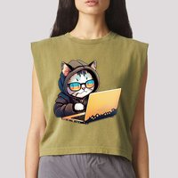 Hacker Chibi Cute Cat Garment-Dyed Women's Muscle Tee