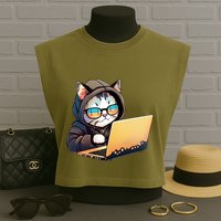 Hacker Chibi Cute Cat Garment-Dyed Women's Muscle Tee