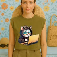 Hacker Chibi Cute Cat Garment-Dyed Women's Muscle Tee