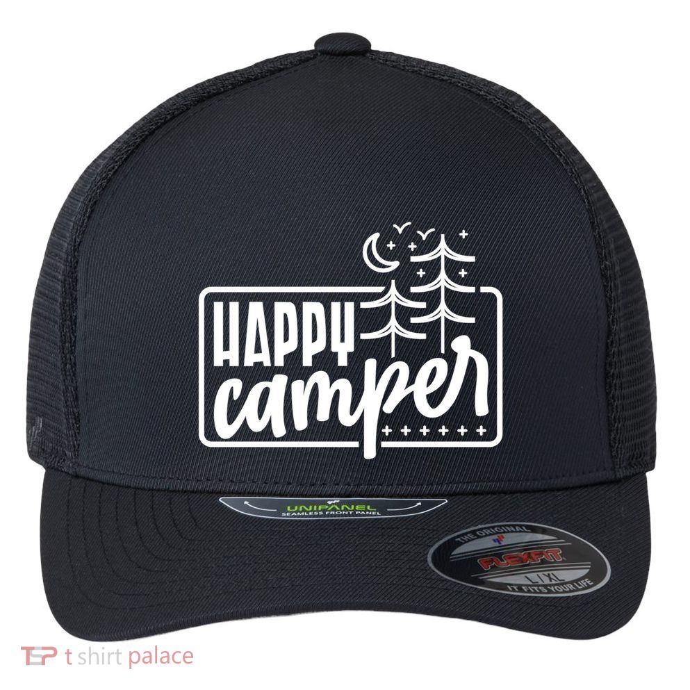 Happy Camper Camping Gift Flexfit Unipanel Trucker Cap