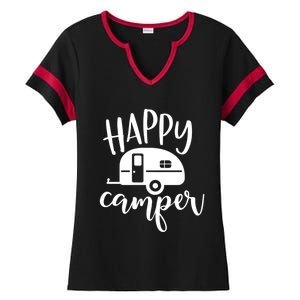 Happy Camper Camping Trailer Funny Camp Design Him And Her Cute Gift Ladies Halftime Notch Neck Tee