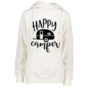 Happy Camper Camping Trailer Funny Camp Design Him And Her Cute Gift Womens Funnel Neck Pullover Hood