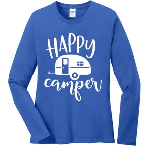 Happy Camper Camping Trailer Funny Camp Design Him And Her Cute Gift Ladies Long Sleeve Shirt