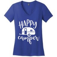 Happy Camper Camping Trailer Funny Camp Design Him And Her Cute Gift Women's V-Neck T-Shirt