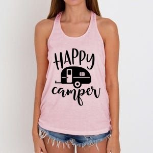 Happy Camper Camping Trailer Funny Camp Design Him And Her Cute Gift Women's Knotted Racerback Tank