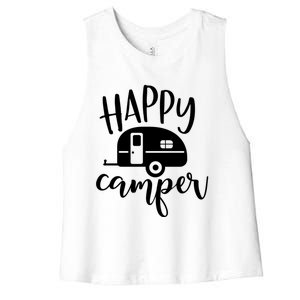 Happy Camper Camping Trailer Funny Camp Design Him And Her Cute Gift Women's Racerback Cropped Tank