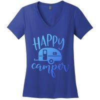 Happy Camper Camping Trailer Funny Camp Design Him And Her Cute Gift Women's V-Neck T-Shirt