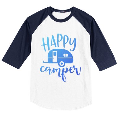 Happy Camper Camping Trailer Funny Camp Design Him And Her Cute Gift Baseball Sleeve Shirt