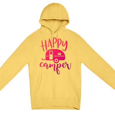 Happy Camper Camping Trailer Funny Camp Design Him And Her Cute Gift Premium Pullover Hoodie