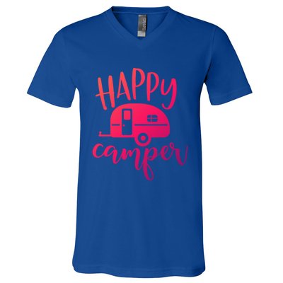 Happy Camper Camping Trailer Funny Camp Design Him And Her Cute Gift V-Neck T-Shirt