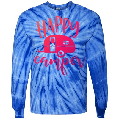 Happy Camper Camping Trailer Funny Camp Design Him And Her Cute Gift Tie-Dye Long Sleeve Shirt