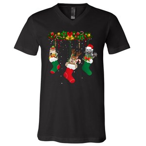 Hanging Cats Christmas Stockings V-Neck T-Shirt