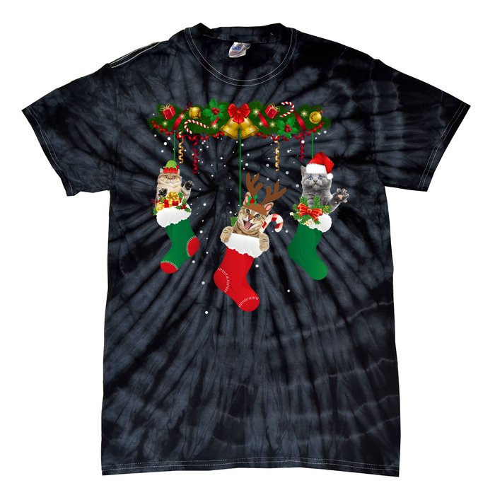 Hanging Cats Christmas Stockings Tie-Dye T-Shirt