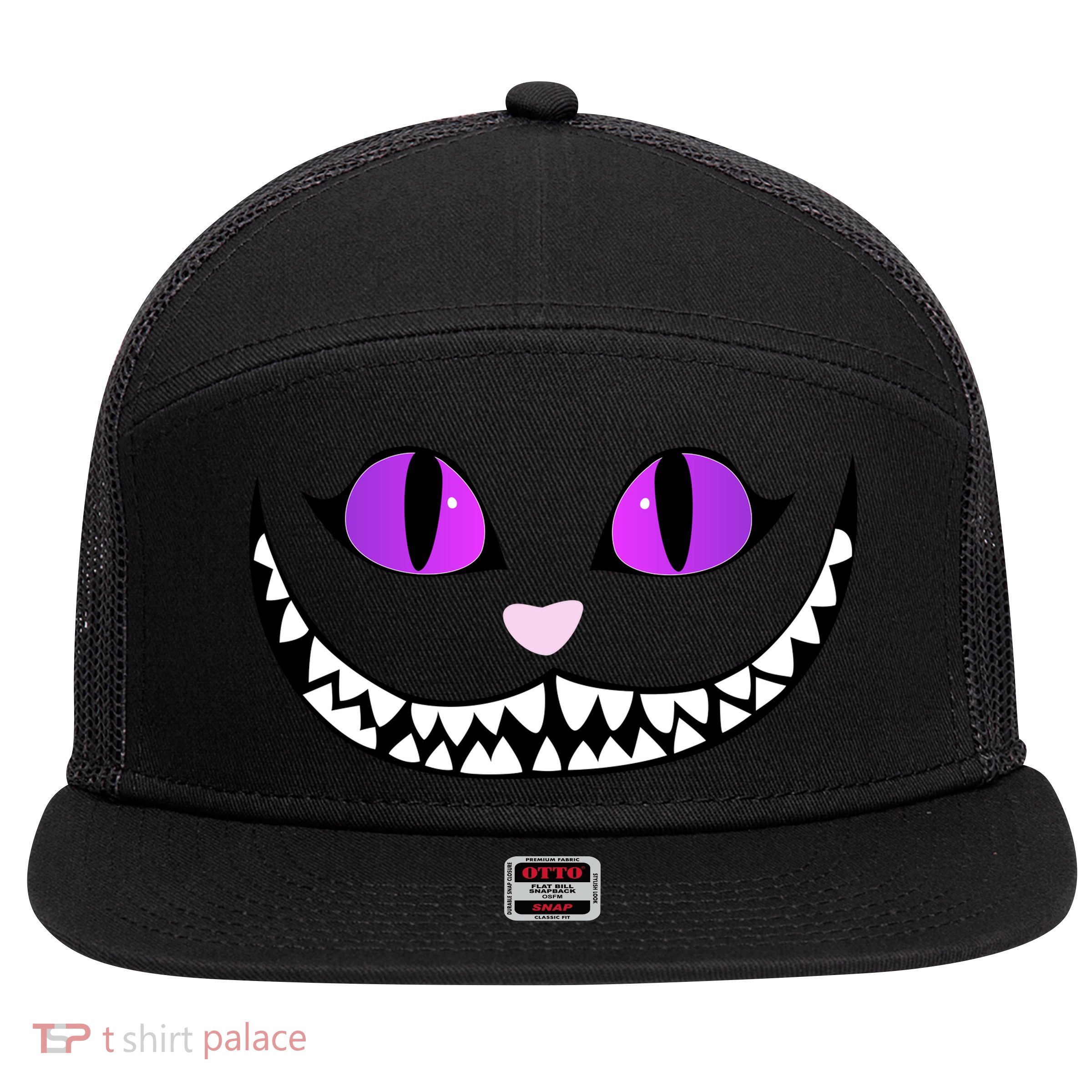 Halloween Cheshire Cat Grinning Smile Wonderland Floating 7 Panel Mesh Trucker Snapback Hat