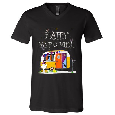 Happy Camper CampOWeen Halloween Funny Cute Graphic V-Neck T-Shirt