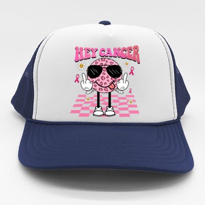 Hey Cancer Cow Smile Face Leopard Breast Cancer Awareness Gift Trucker Hat