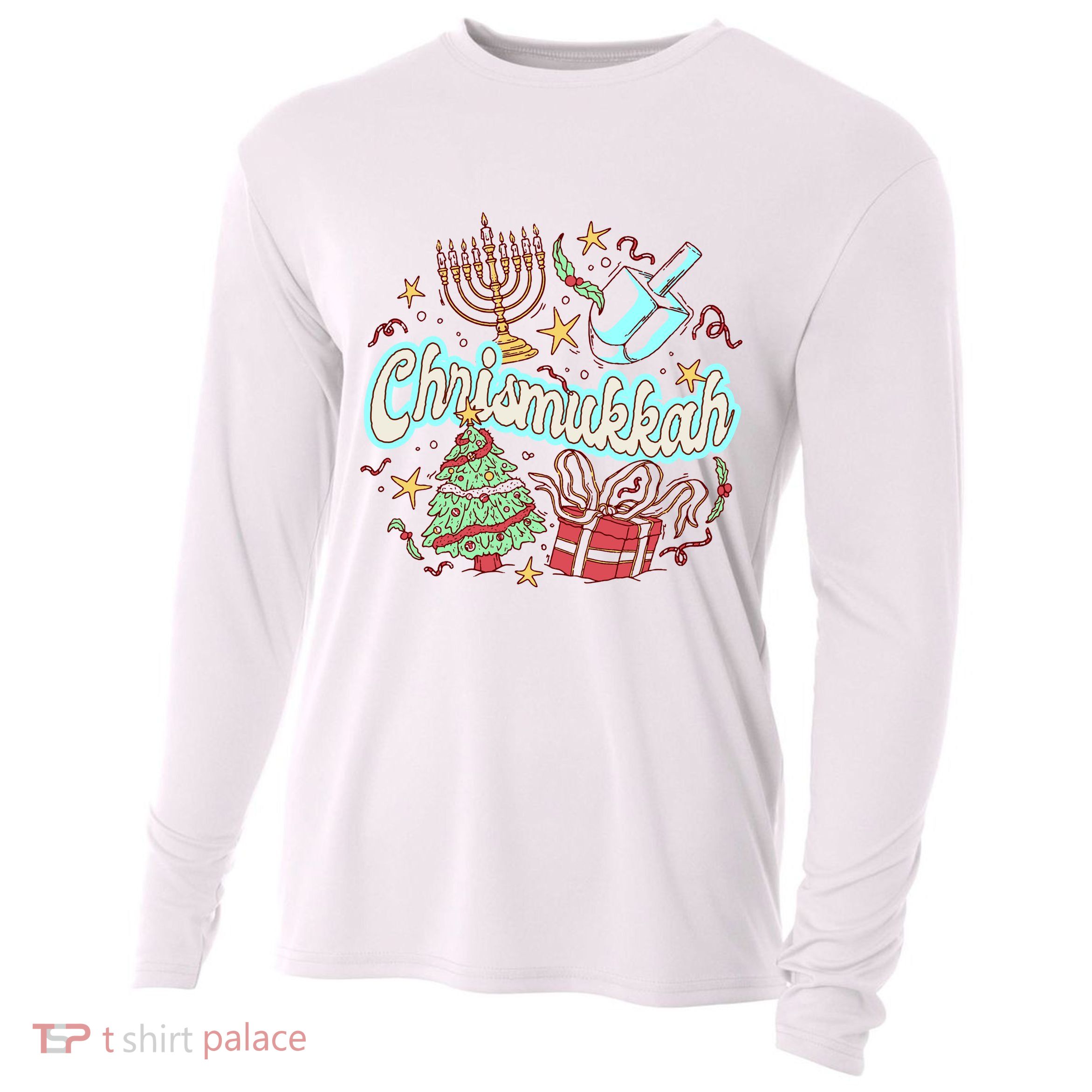 Hanukkah & Christmas Chrismukkah Funny Tree Presents Cooling Performance Long Sleeve Crew