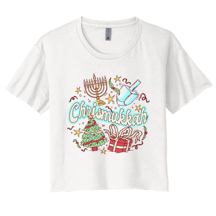 Hanukkah & Christmas Chrismukkah Funny Tree Presents Women's Crop Top Tee