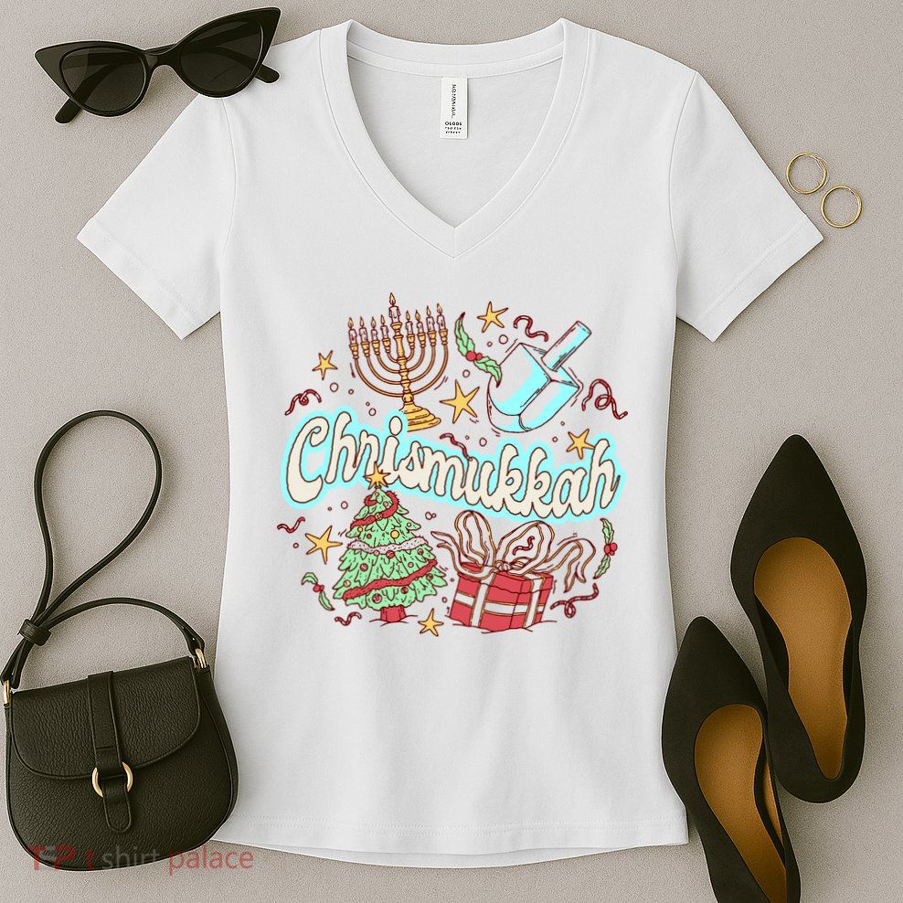 Hanukkah & Christmas Chrismukkah Funny Tree Presents Women's V-Neck T-Shirt