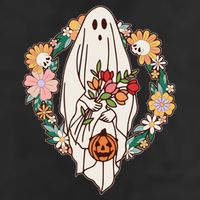 Halloween Creepy Cute Boho Flower Ghost 7 Panel Mesh Trucker Snapback Hat