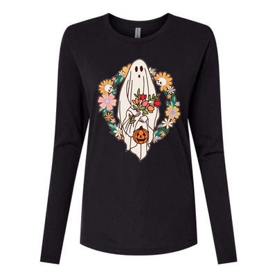 Halloween Creepy Cute Boho Flower Ghost Womens Cotton Relaxed Long Sleeve T-Shirt