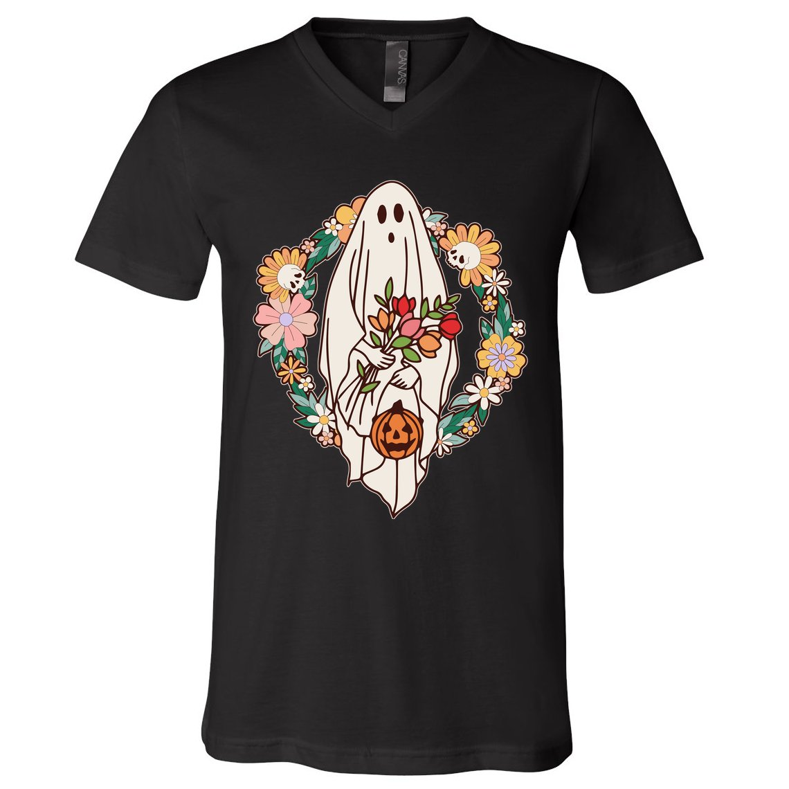Halloween Creepy Cute Boho Flower Ghost V-Neck T-Shirt