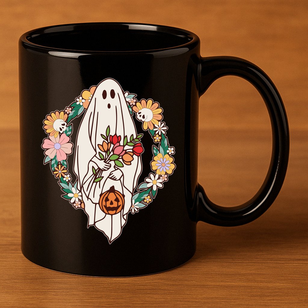 Halloween Creepy Cute Boho Flower Ghost 11oz C Handle Ceramic Mug