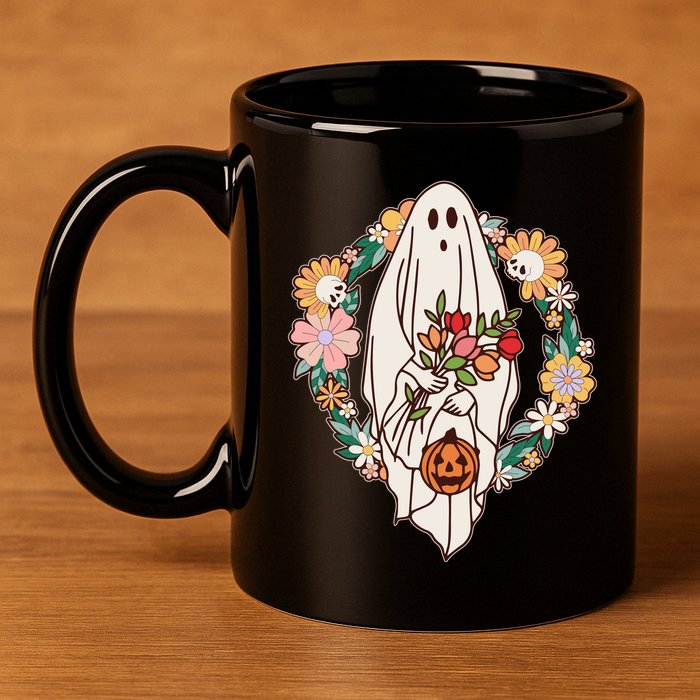 Halloween Creepy Cute Boho Flower Ghost 11oz C Handle Ceramic Mug