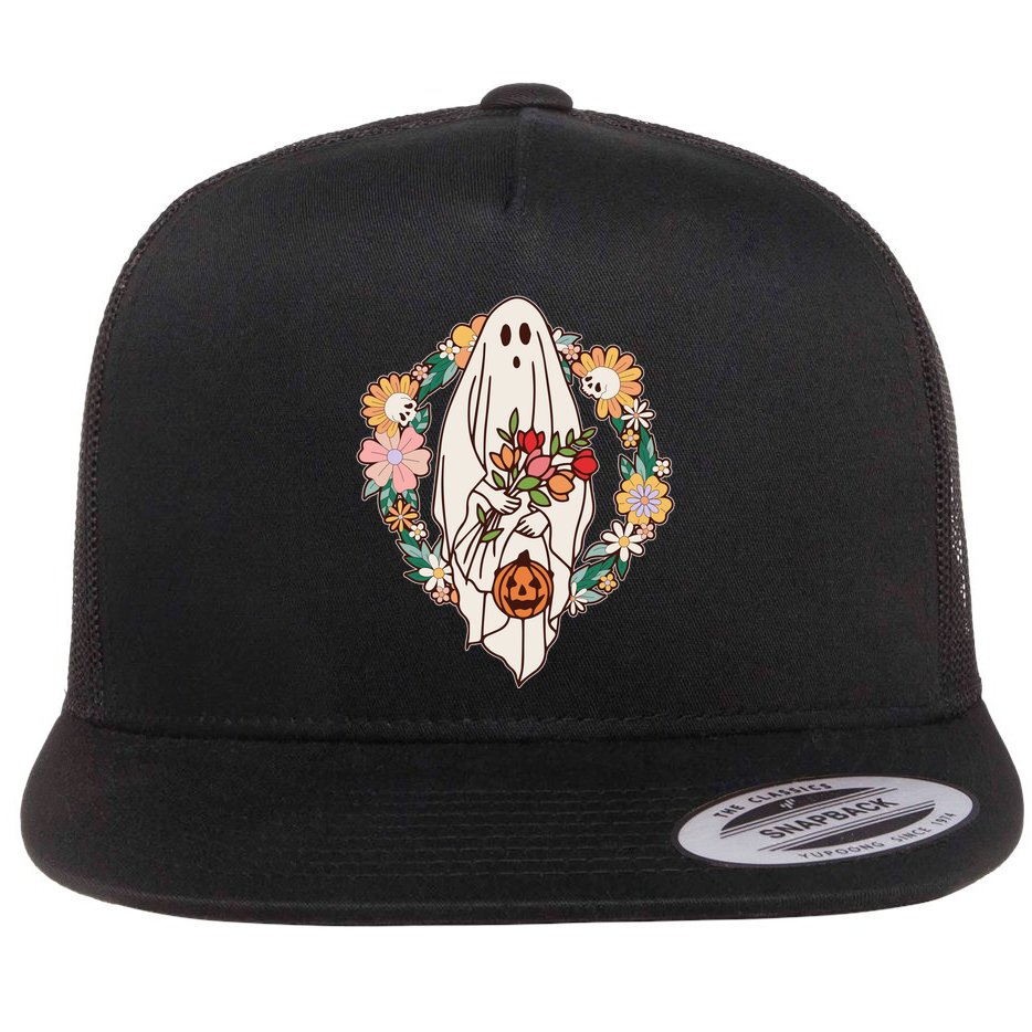 Halloween Creepy Cute Boho Flower Ghost Flat Bill Trucker Hat