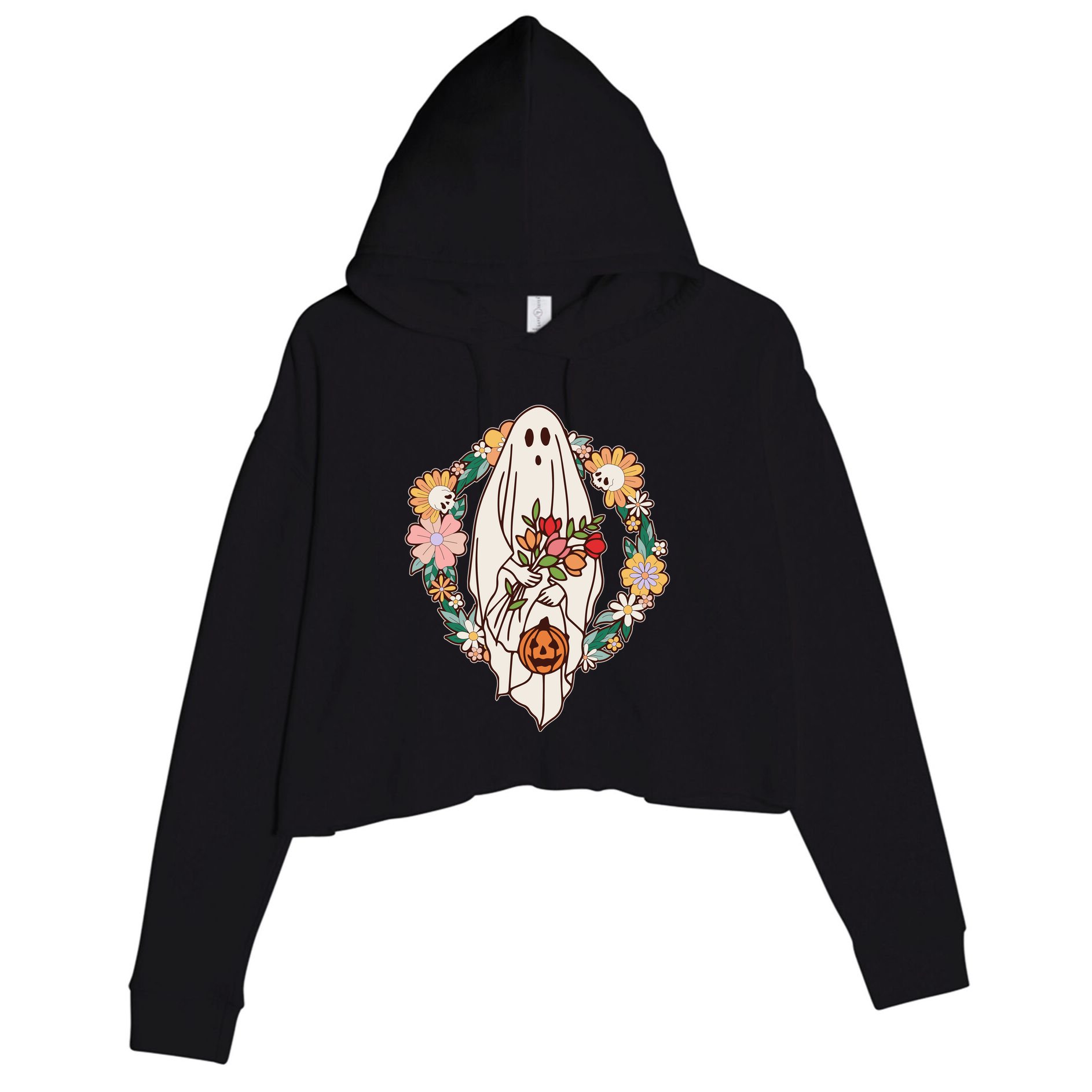Halloween Creepy Cute Boho Flower Ghost Crop Fleece Hoodie